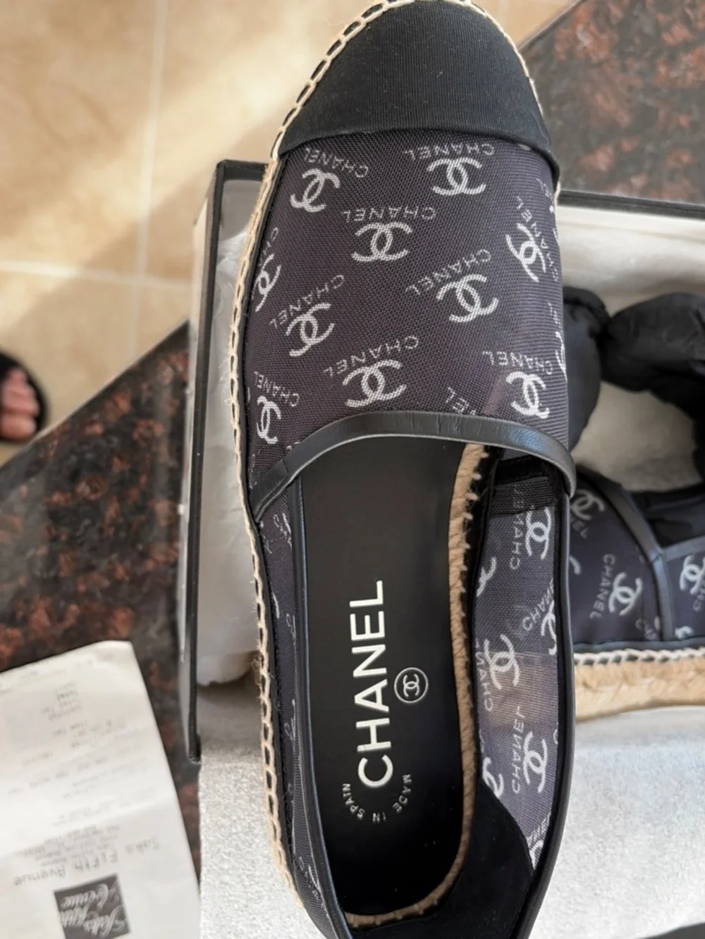 Chanel CC Logo Mesh Espadrilles Black White Size 38 G34673 Box Receipt